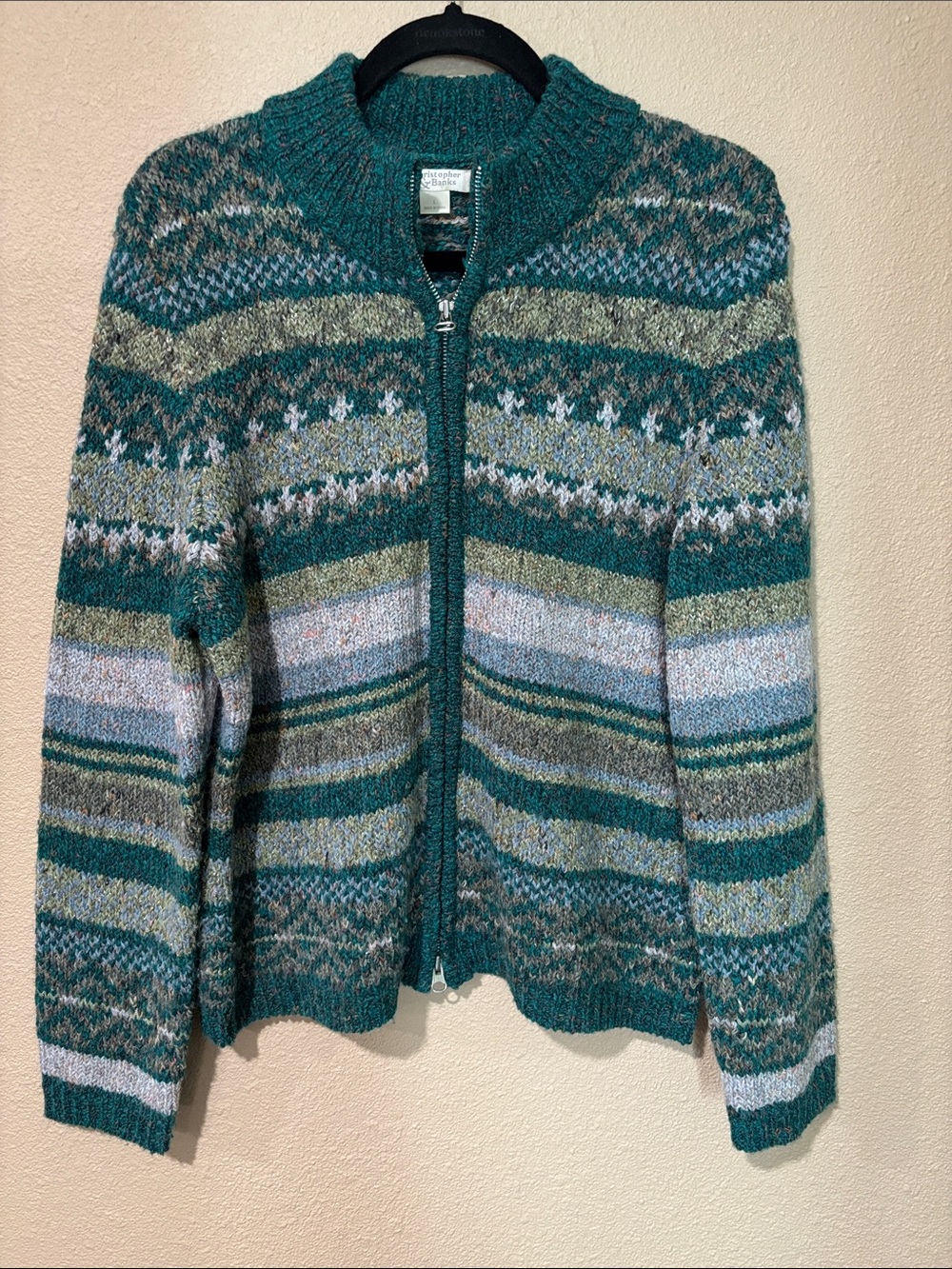 Vintage Christopher & Banks Teal Multi-Stripe Zip Cardigan